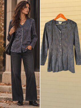 Carol Reed Dark Blue Floral Jacquard Button Front Longline Blouse XL